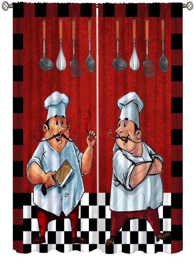YCness Chef Kitchen Curtain for Window, Fat Cook Theme for Bedroom Living Room, Red Black Buffalo Check Plaid Drape 2 Panel Set, 42x45 Inch - Image 1